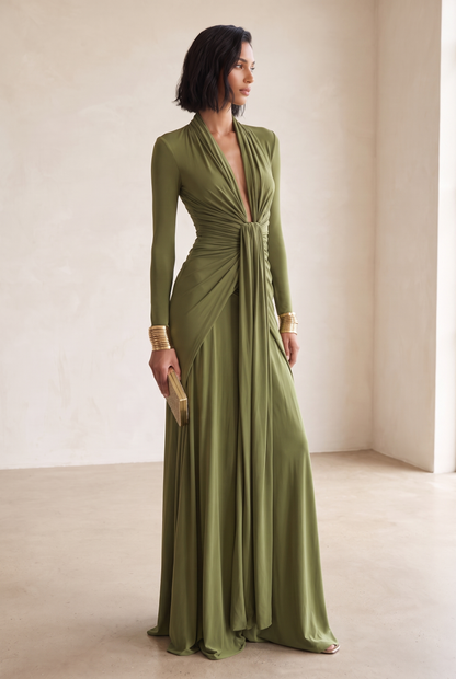 Damen-Maxikleid mit tiefem V-Ausschnitt und geraffter Vorderseite-Maxi Dress-Alpenkind