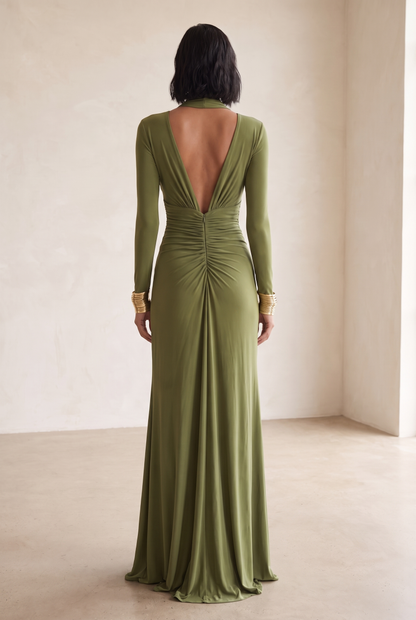 Damen-Maxikleid mit tiefem V-Ausschnitt und geraffter Vorderseite-Maxi Dress-Alpenkind