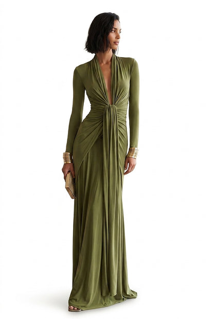 Damen-Maxikleid mit tiefem V-Ausschnitt und geraffter Vorderseite-Maxi Dress-Alpenkind