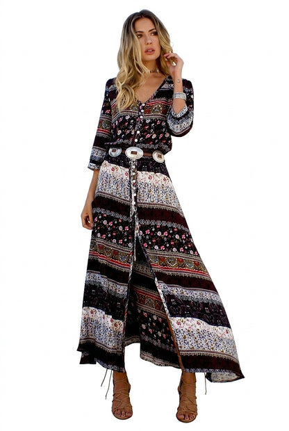 Damen-Maxikleid mit V-Ausschnitt, Knopfleiste und Muster-Maxi Dress-Alpenkind