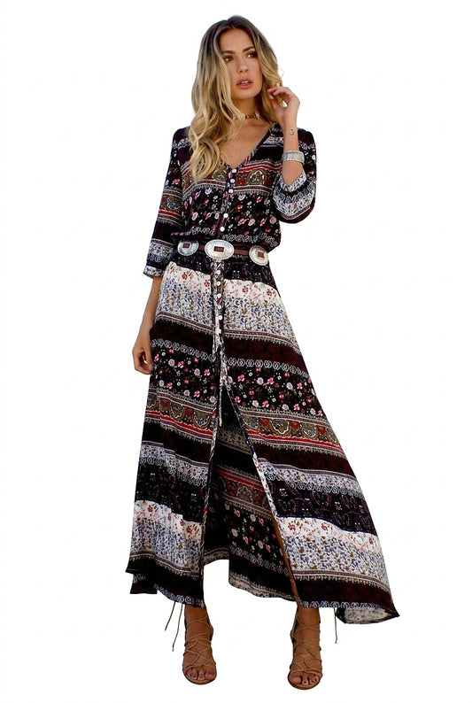 Damen-Maxikleid mit V-Ausschnitt, Knopfleiste und Muster-Maxi Dress-Alpenkind