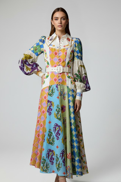 Damen Maxikleid mit V-Ausschnitt, langen Ärmeln und Taillenbindung-Maxi Dress-Alpenkind