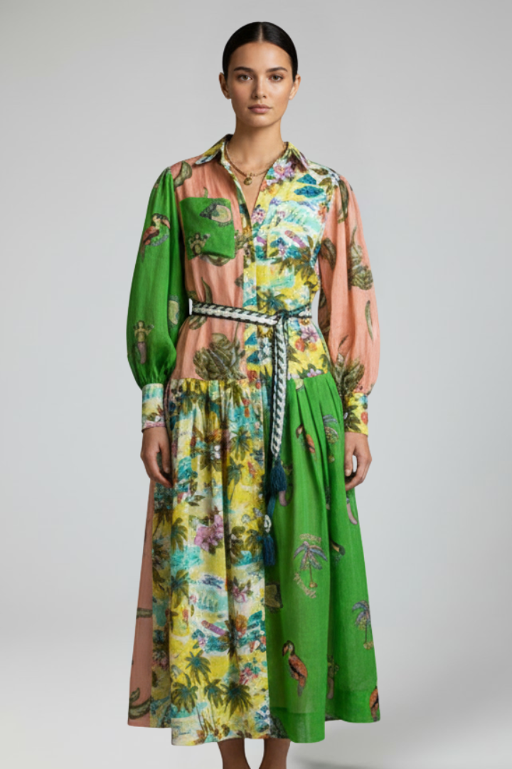 Damen Maxikleid mit V-Ausschnitt, langen Ärmeln und Taillenbindung-Maxi Dress-Alpenkind