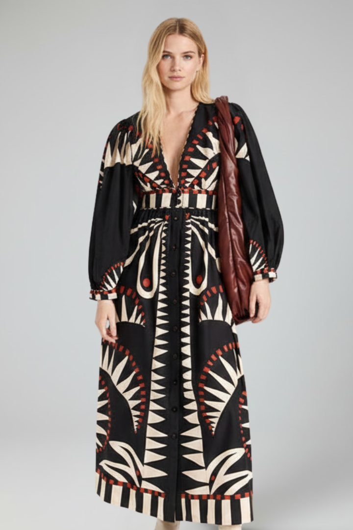 Damen Maxikleid mit V-Ausschnitt, langen Ärmeln und Taillenbindung-Maxi Dress-Alpenkind