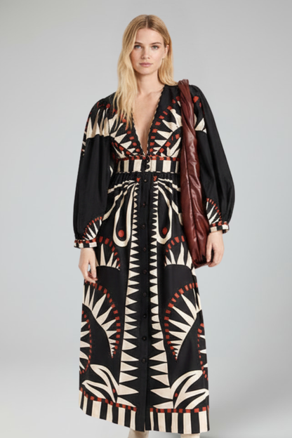 Damen Maxikleid mit V-Ausschnitt, langen Ärmeln und Taillenbindung-Maxi Dress-Alpenkind