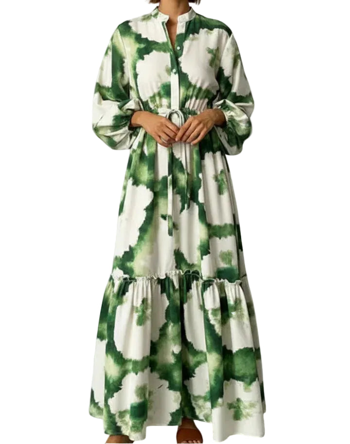 Damen Maxikleid mit V-Ausschnitt, langen Ärmeln und Taillenbindung-Maxi Dress-Alpenkind
