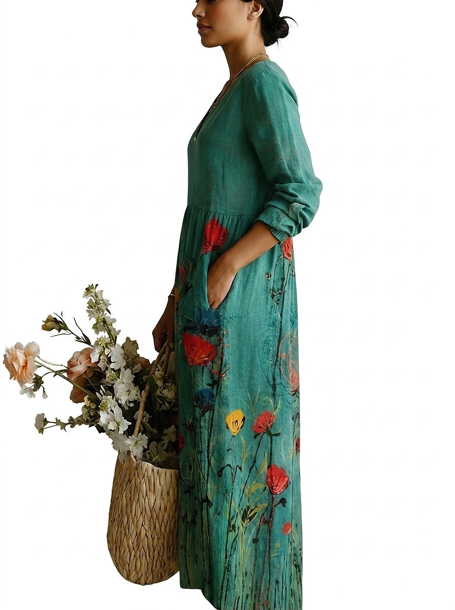 Damen-Maxikleid mit V-Ausschnitt und Blumenmuster-Maxi Dress-Alpenkind