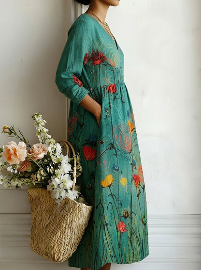 Damen-Maxikleid mit V-Ausschnitt und Blumenmuster-Maxi Dress-Alpenkind