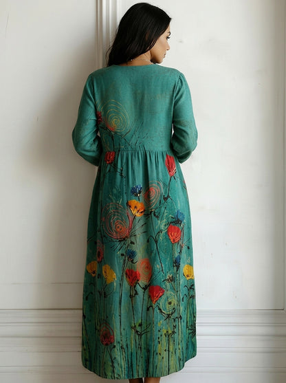Damen-Maxikleid mit V-Ausschnitt und Blumenmuster-Maxi Dress-Alpenkind