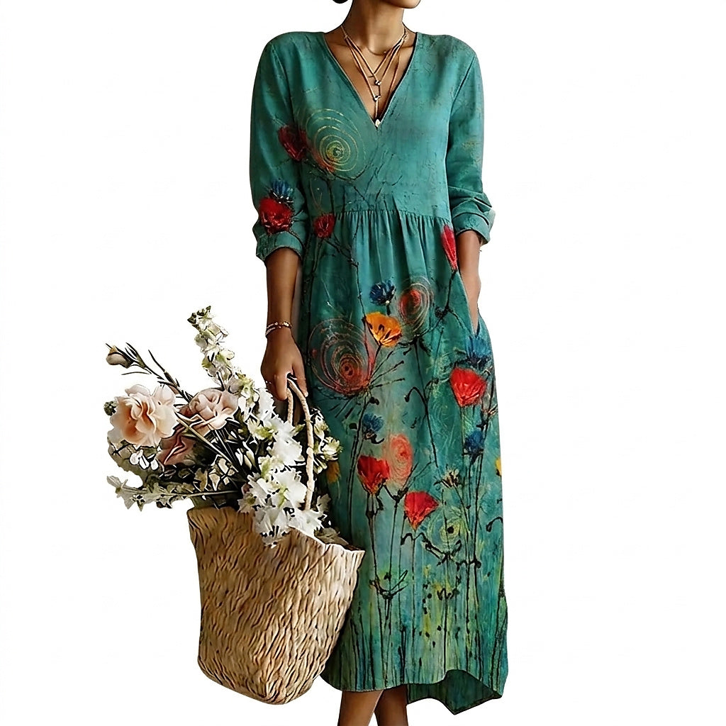 Damen-Maxikleid mit V-Ausschnitt und Blumenmuster-Maxi Dress-Alpenkind