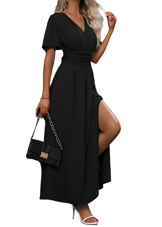 Damen Maxikleid mit V-Ausschnitt und Flügelärmeln-Women Dress-Alpenkind