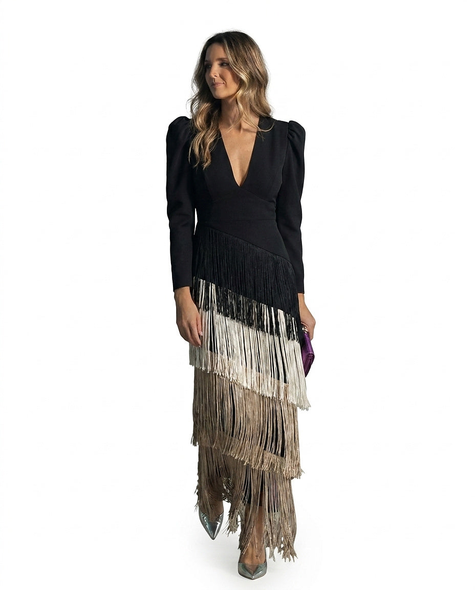Damen-Maxikleid mit V-Ausschnitt und Fransenstufen-Maxi Dress-Alpenkind