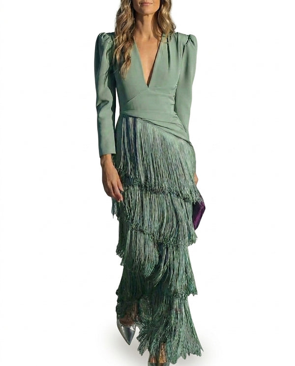 Damen-Maxikleid mit V-Ausschnitt und Fransenstufen-Maxi Dress-Alpenkind