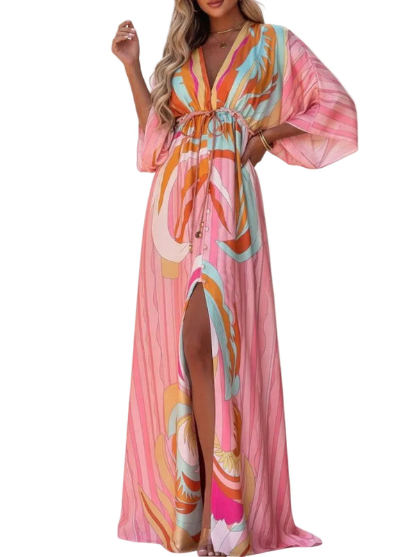 Damen Maxikleid mit V-Ausschnitt und Taillenzug-Maxi Dress-Alpenkind