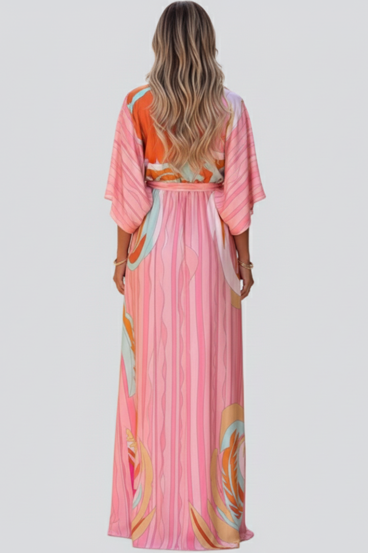 Damen Maxikleid mit V-Ausschnitt, weiten Ärmeln und Taillenband-Maxi Dress-Alpenkind
