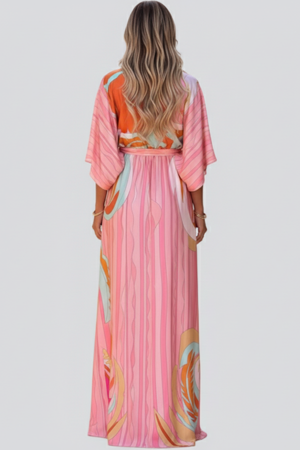 Damen Maxikleid mit V-Ausschnitt, weiten Ärmeln und Taillenband-Maxi Dress-Alpenkind