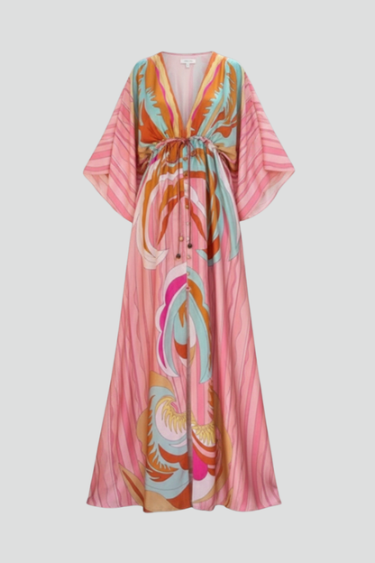 Damen Maxikleid mit V-Ausschnitt, weiten Ärmeln und Taillenband-Maxi Dress-Alpenkind