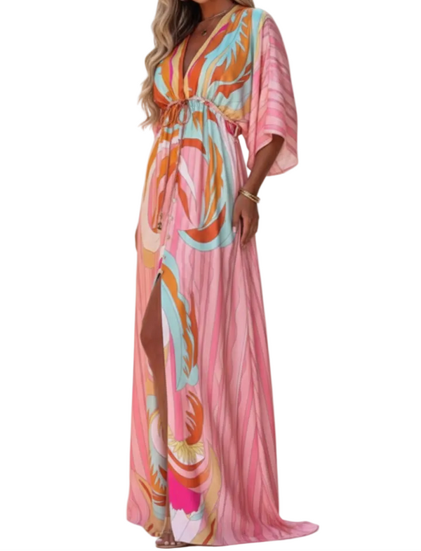 Damen Maxikleid mit V-Ausschnitt, weiten Ärmeln und Taillenband-Maxi Dress-Alpenkind