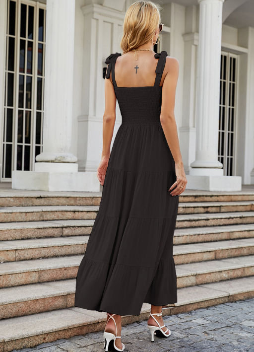 Damen Maxikleid ohne Ärmel mit gesmoktem Oberteil und gestuftem Rock-Maxi Dress-Alpenkind