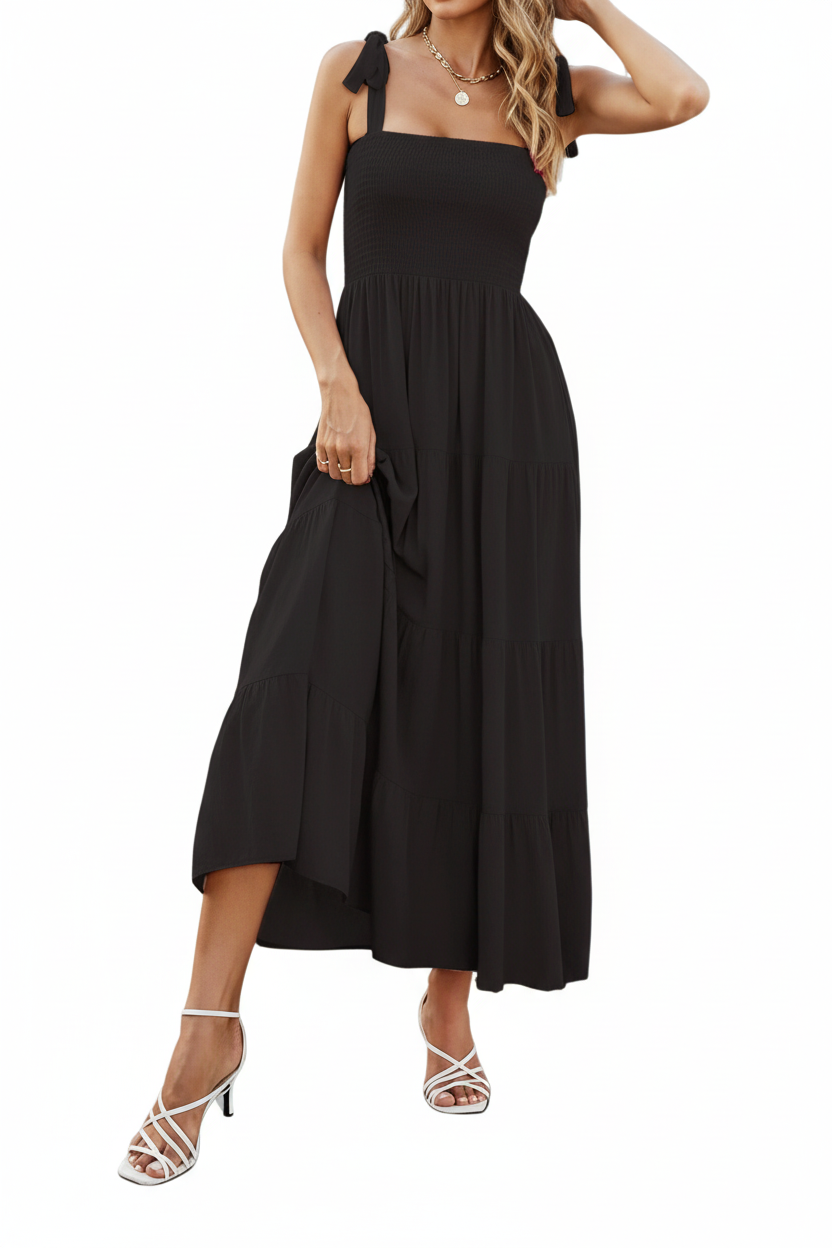 Damen Maxikleid ohne Ärmel mit gesmoktem Oberteil und gestuftem Rock-Maxi Dress-Alpenkind