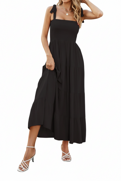 Damen Maxikleid ohne Ärmel mit gesmoktem Oberteil und gestuftem Rock-Maxi Dress-Alpenkind