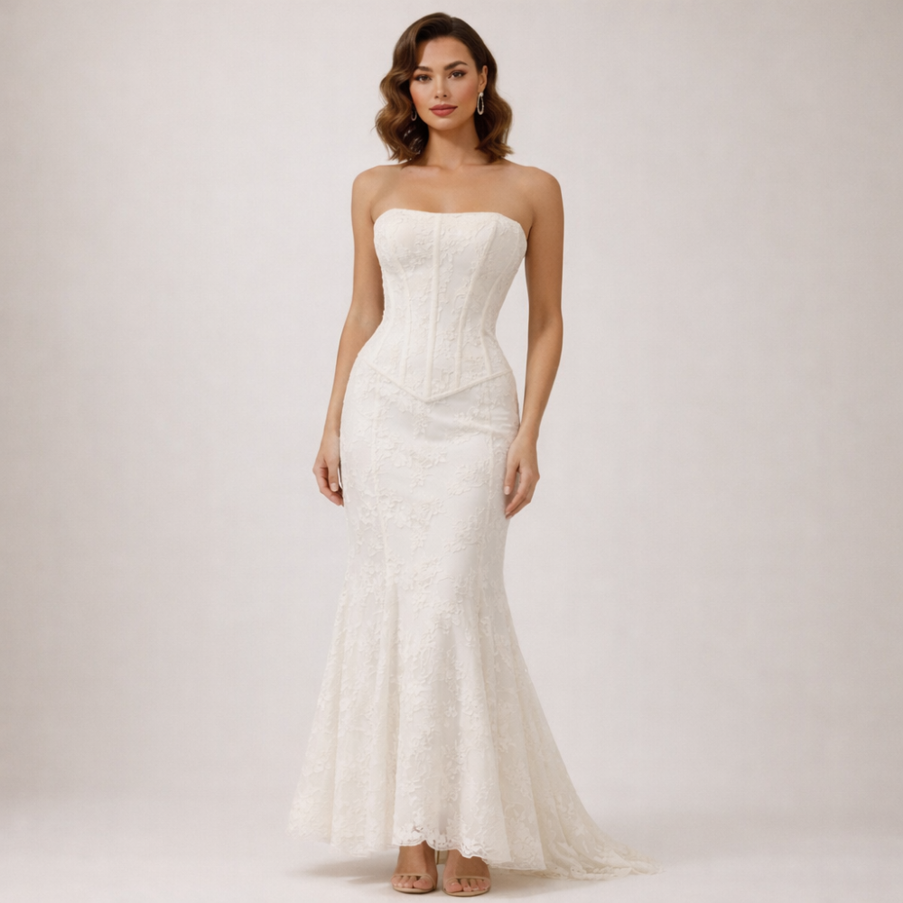 Damen Maxikleid trägerlos mit strukturiertem Oberteil und ausgestelltem Saum-Maxi Dress-Alpenkind