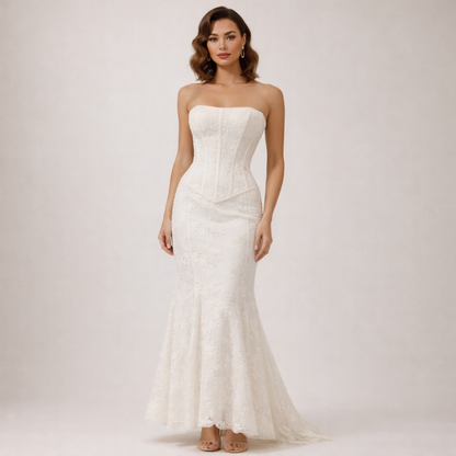 Damen Maxikleid trägerlos mit strukturiertem Oberteil und ausgestelltem Saum-Maxi Dress-Alpenkind