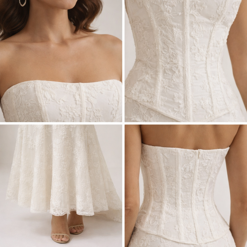 Damen Maxikleid trägerlos mit strukturiertem Oberteil und ausgestelltem Saum-Maxi Dress-Alpenkind