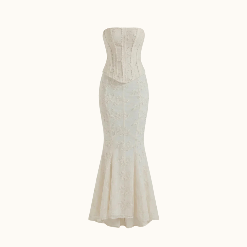 Damen Maxikleid trägerlos mit strukturiertem Oberteil und ausgestelltem Saum-Maxi Dress-Alpenkind