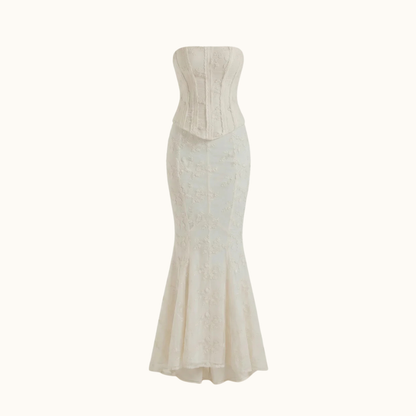Damen Maxikleid trägerlos mit strukturiertem Oberteil und ausgestelltem Saum-Maxi Dress-Alpenkind