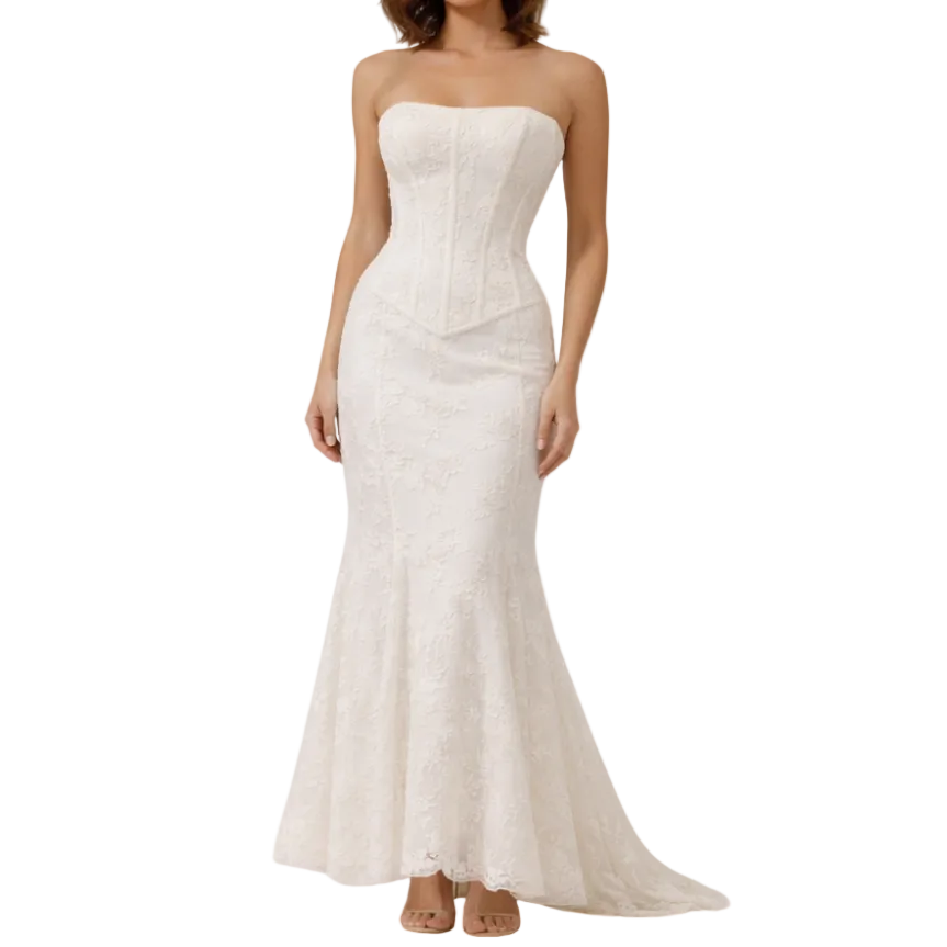 Damen Maxikleid trägerlos mit strukturiertem Oberteil und ausgestelltem Saum-Maxi Dress-Alpenkind