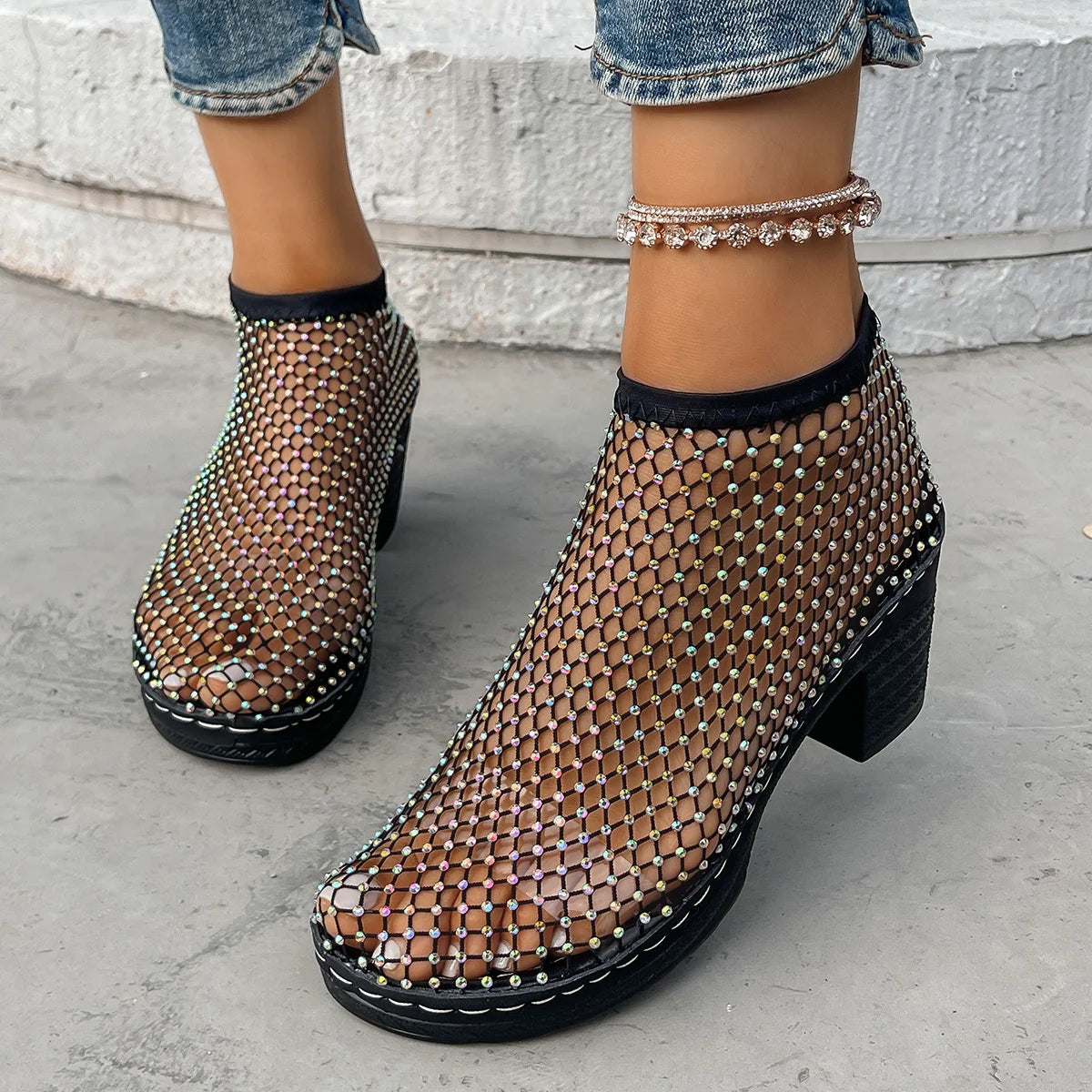 Damen Mesh-Ankelschuhe mit Strassdetails und Blockabsatz-Footwear for women-Alpenkind