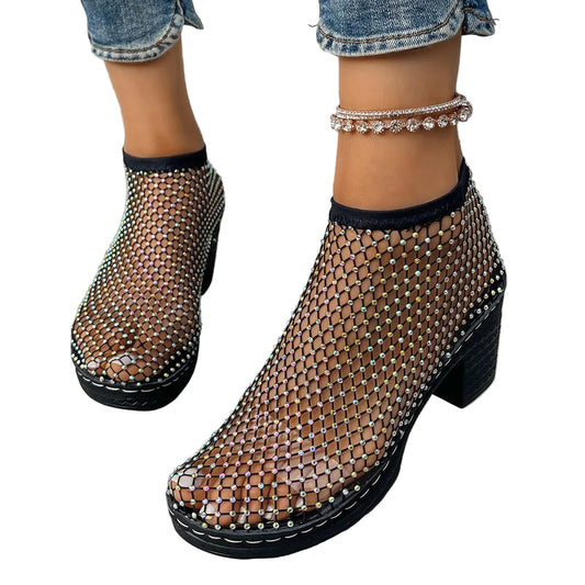Damen Mesh-Ankelschuhe mit Strassdetails und Blockabsatz-Footwear for women-Alpenkind