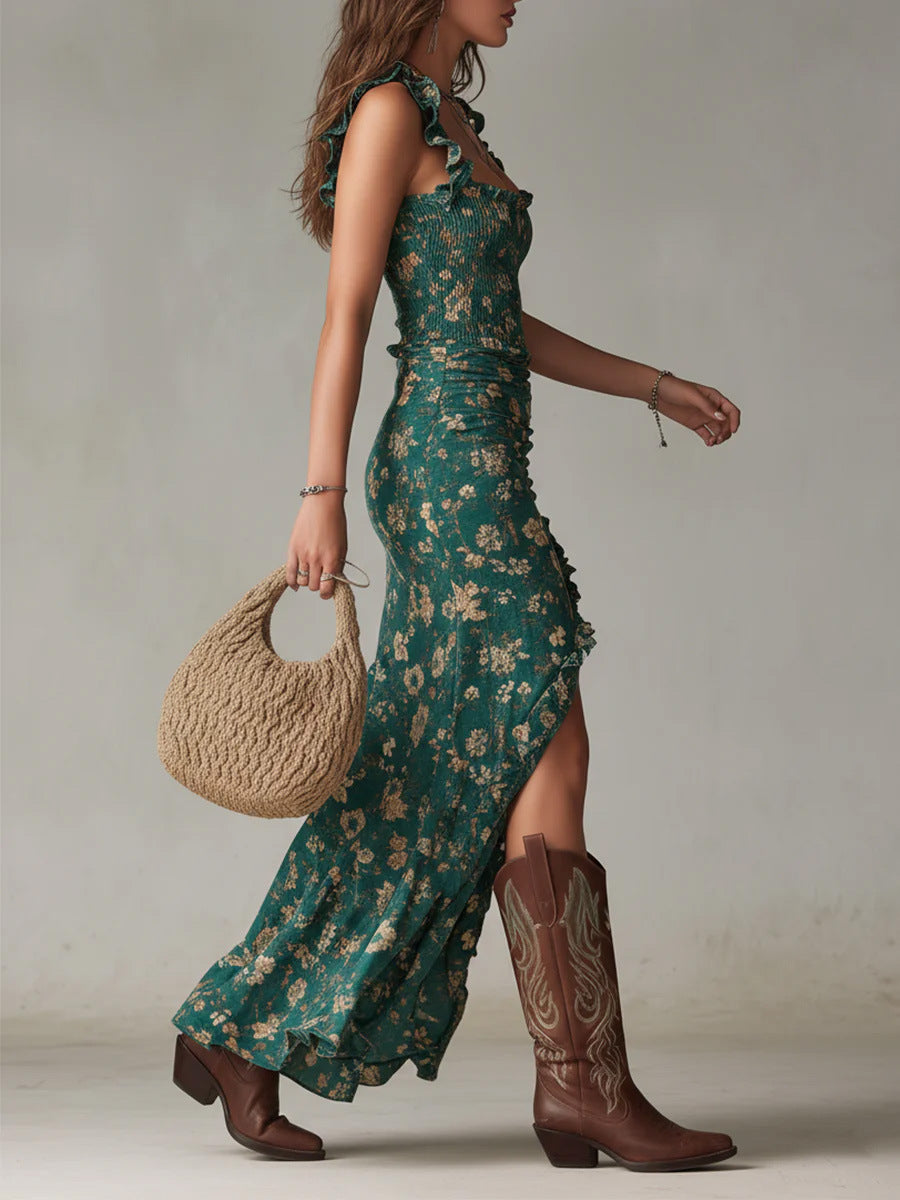 Damen Midi-Kleid mit Blumenmuster und Rüschen-Midi Dress-Alpenkind