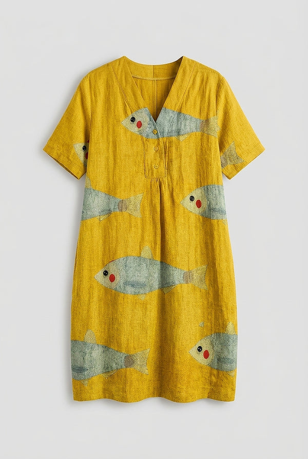 Damen Midi-Kleid mit Fisch-Print und V-Ausschnitt-Midi Dress-Alpenkind