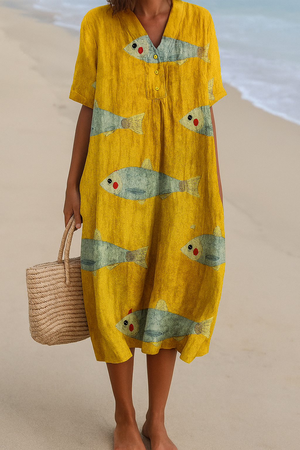 Damen Midi-Kleid mit Fisch-Print und V-Ausschnitt-Midi Dress-Alpenkind