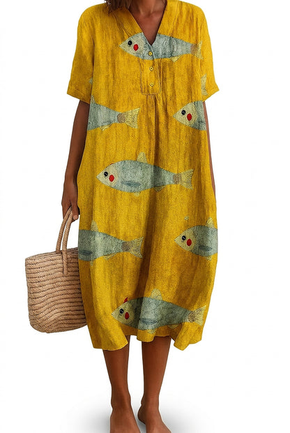 Damen Midi-Kleid mit Fisch-Print und V-Ausschnitt-Midi Dress-Alpenkind