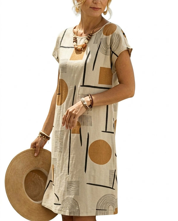 Damen Midi-Kleid mit geometrischem Print und kurzen Ärmeln-Midi Dress-Alpenkind