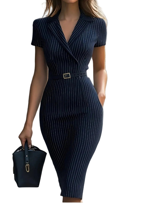 Damen Midi Kleid mit kurzen Ärmeln, Kragen, V-Ausschnitt und Gürtel-Midi Dress-Alpenkind
