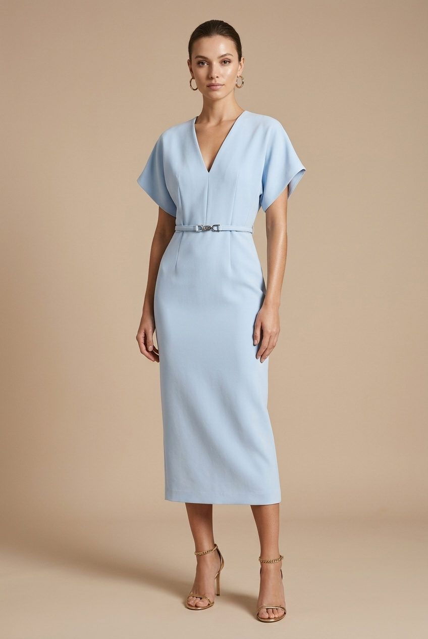 Damen Midi Kleid mit kurzen Ärmeln, V-Ausschnitt und Gürtel-Midi Dress-Alpenkind