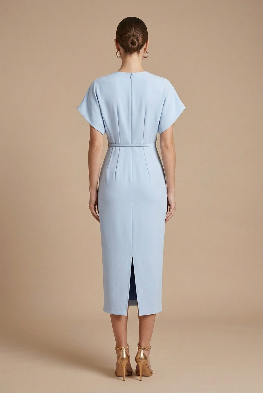 Damen Midi Kleid mit kurzen Ärmeln, V-Ausschnitt und Gürtel-Midi Dress-Alpenkind