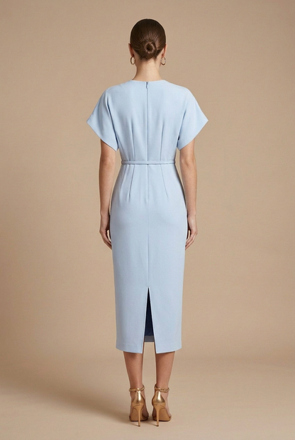 Damen Midi Kleid mit kurzen Ärmeln, V-Ausschnitt und Gürtel-Midi Dress-Alpenkind