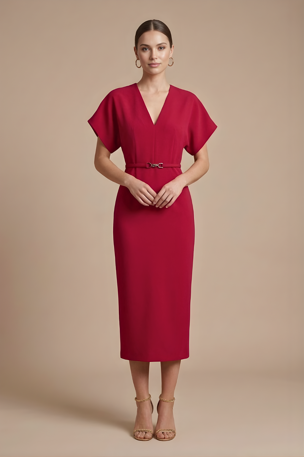 Damen Midi Kleid mit kurzen Ärmeln, V-Ausschnitt und Gürtel-Midi Dress-Alpenkind
