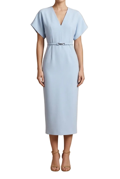 Damen Midi Kleid mit kurzen Ärmeln, V-Ausschnitt und Gürtel-Midi Dress-Alpenkind