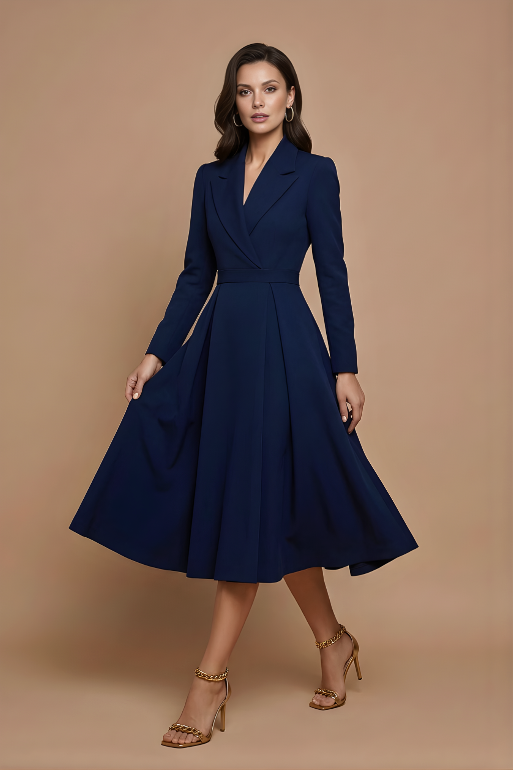 Damen Midi Kleid mit langen Ärmeln, Wickeloptik und Gürtel-Midi Dress-Alpenkind