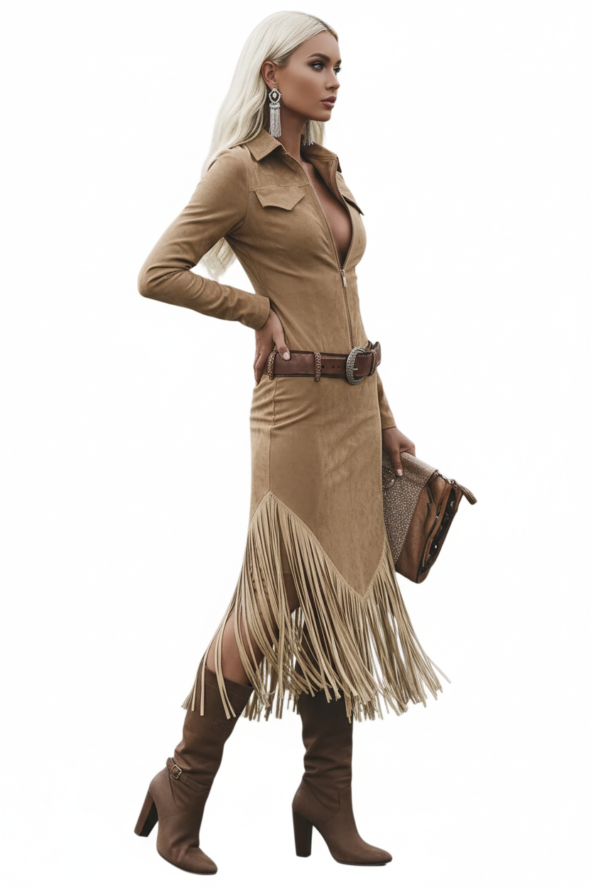 Damen Midi Kleid mit Reißverschluss und Fransen-Midi Dress-Alpenkind