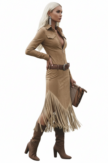 Damen Midi Kleid mit Reißverschluss und Fransen-Midi Dress-Alpenkind