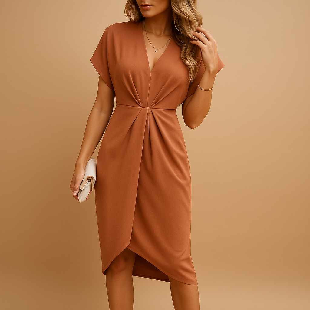 Damen Midi-Kleid mit V-Ausschnitt, Flügelärmeln und geraffter Taille-Midi Dress-Alpenkind