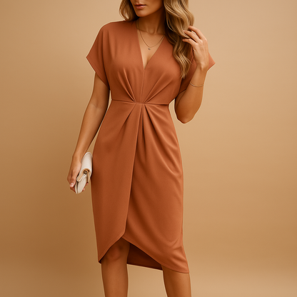 Damen Midi-Kleid mit V-Ausschnitt, Flügelärmeln und geraffter Taille-Midi Dress-Alpenkind