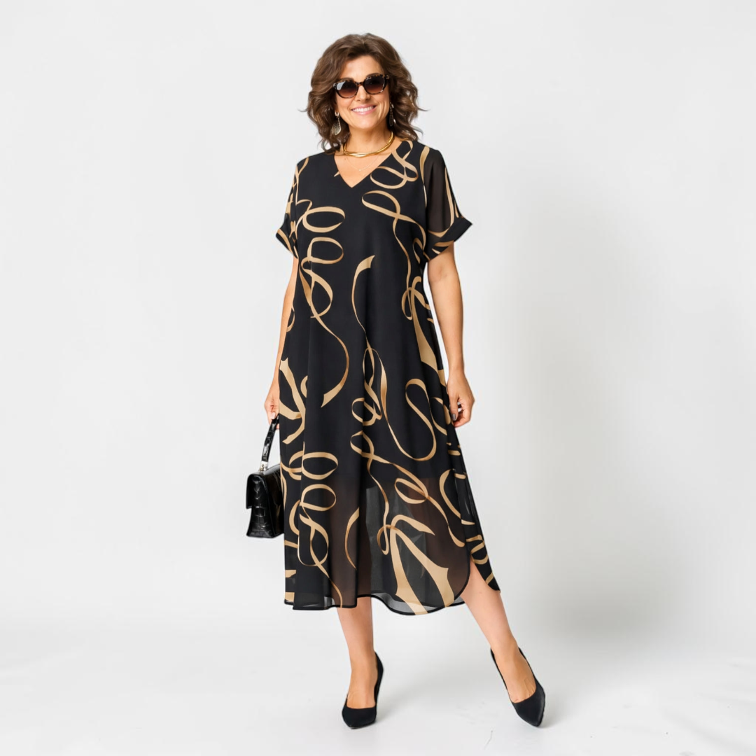 Damen Midi-Kleid mit V-Ausschnitt und Print-Midi Dress-Alpenkind